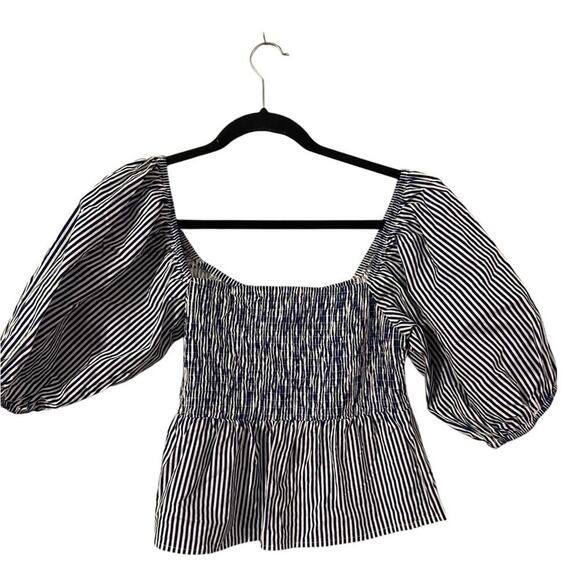 Sim & Sam Navy Blue Striped Smocked Square Neck Puff Sleeve Top Blouse Preppy - Picture 2 of 4